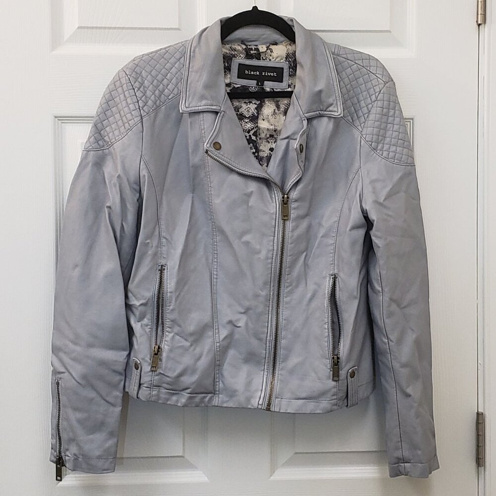 Black Rivet, Greyish/blue faux leather, zipper front collared jacket, SZ LG